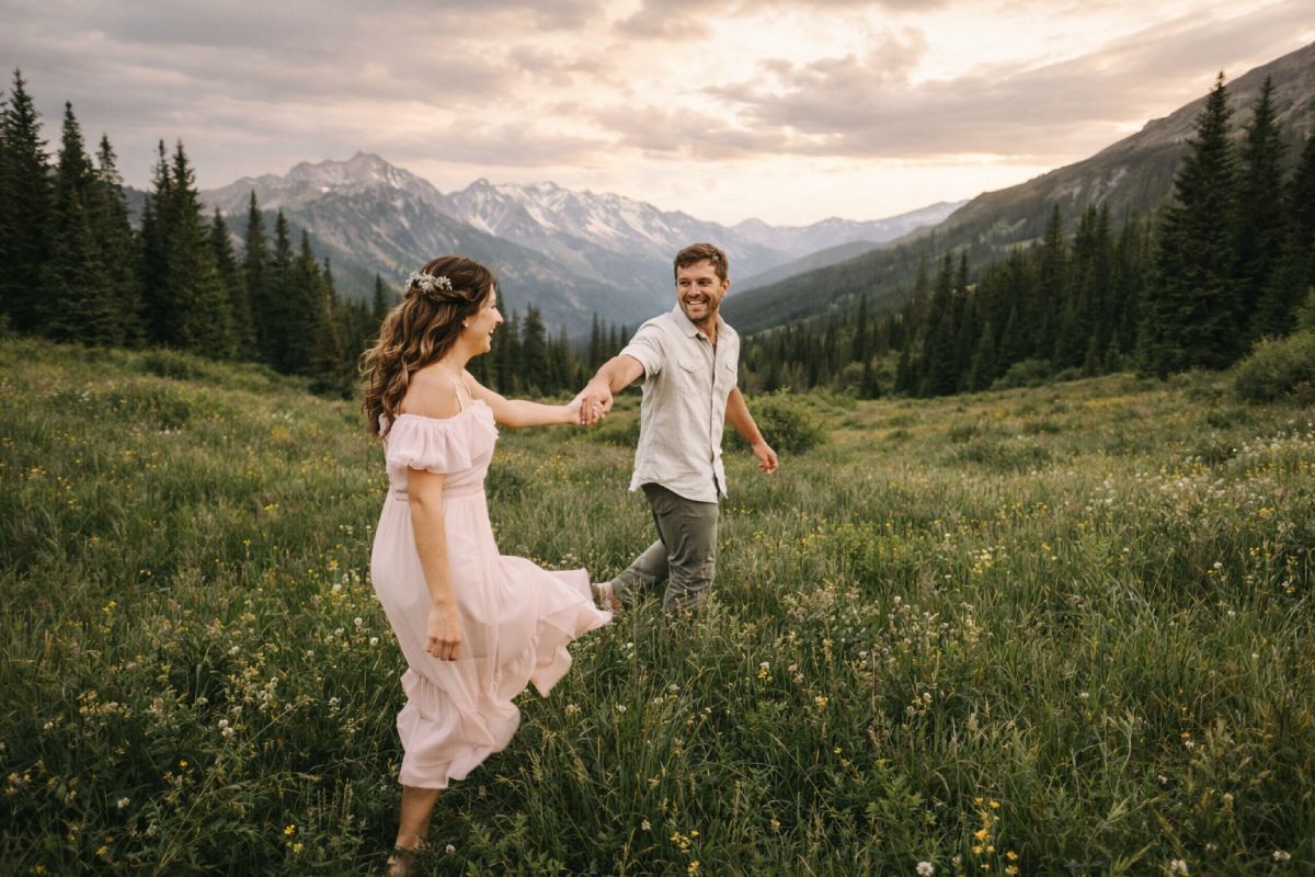 Couple amoureux marchant main dans la main dans une prairie de montagne au coucher du soleil, symbolisant les 12 ans de mariage et les noces de soie.